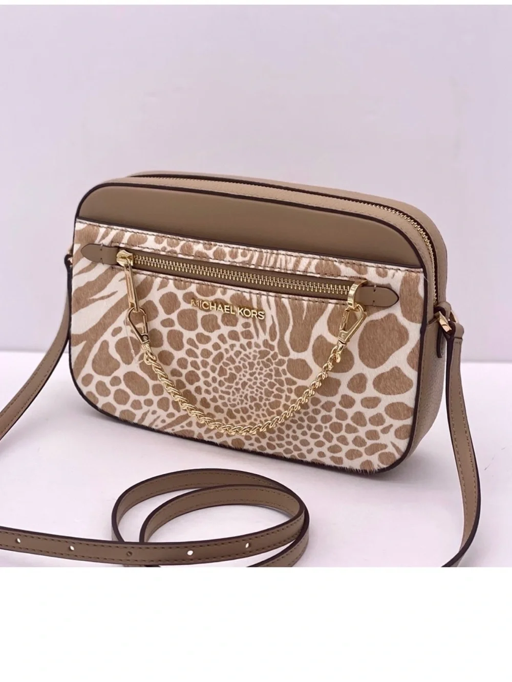 Michael Kors Large EW Zip Chain Crossbody Bag Camel color with real calf